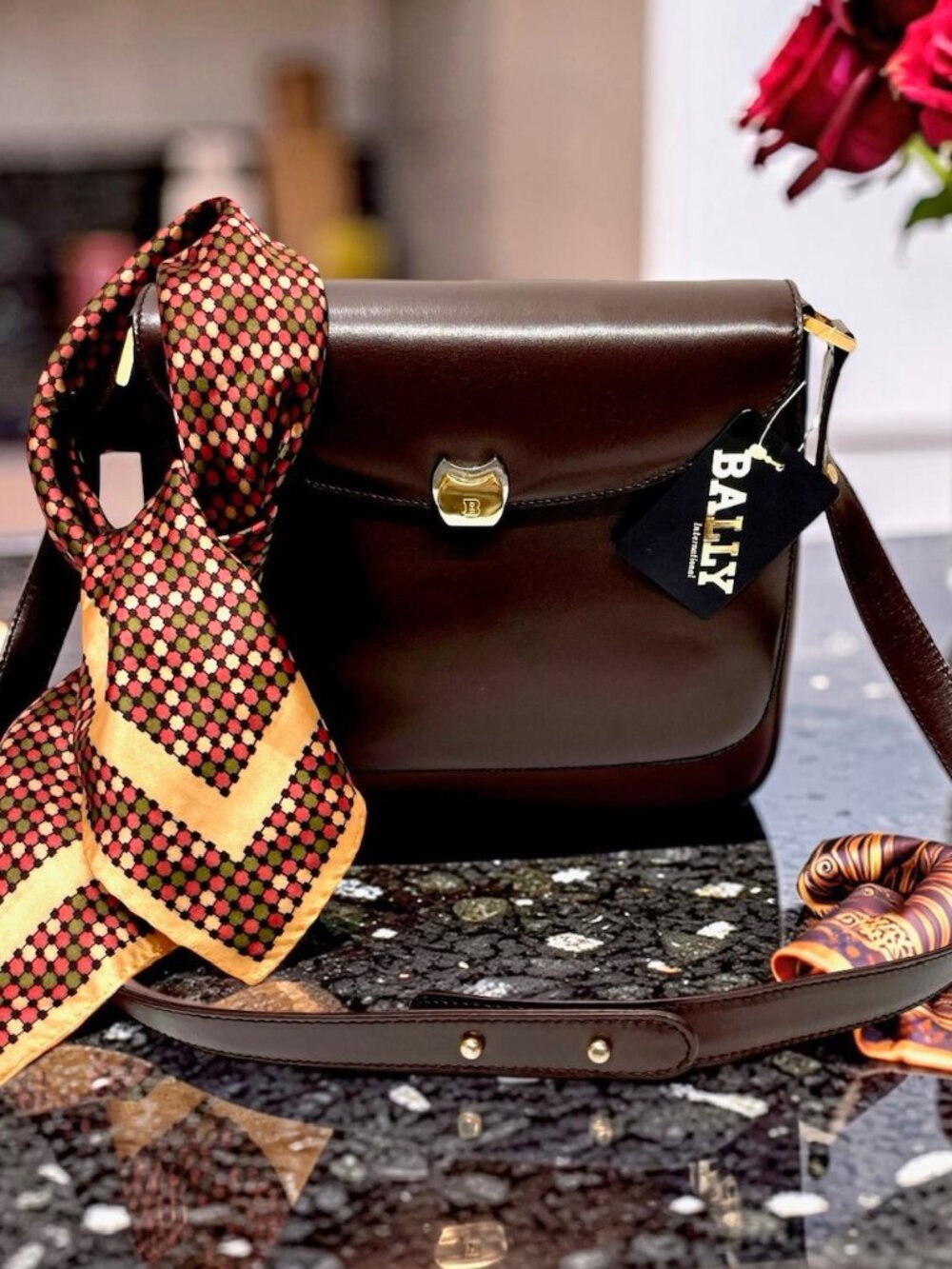 NEW Classic Evening Bally Shoulder Bag Brown Leather +100% Silk Scarf(9 - Picture 3 of 16